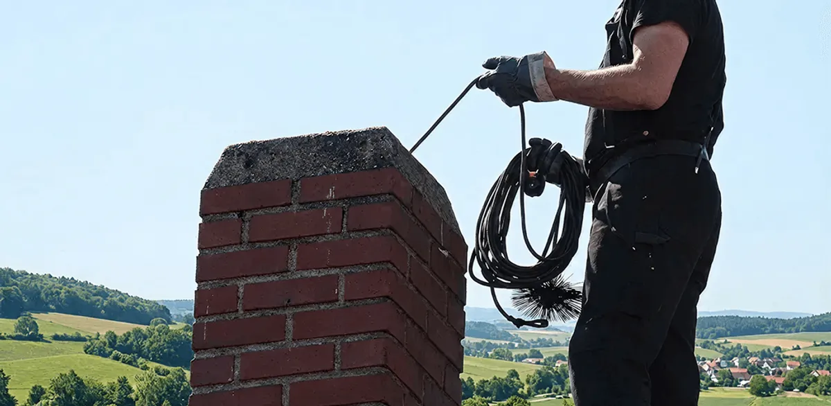Chimney sweep inspecting and cleaning a rooftop chimney in Charleston, SC