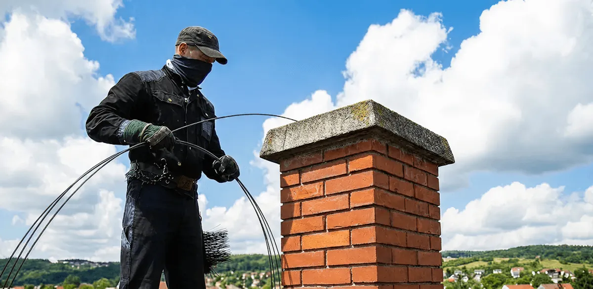 Chimney sweep cleaning a brick chimney with professional tools in Charleston, SC