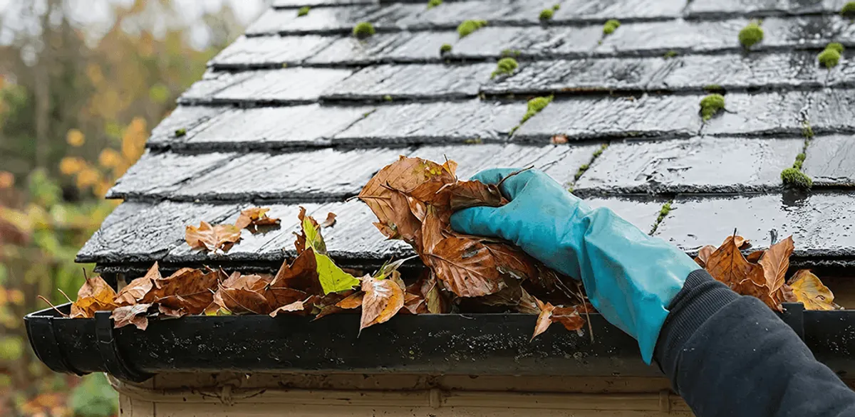 Gutter cleaning technician clearing wet leaves from roof gutters in Charleston, SC
